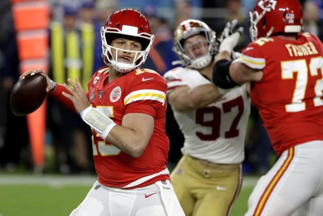 Kansas City Chiefs quarterback Patrick Mahomes (15) passes against the San Francisco 49ers during the first half of the NFL Super Bowl 54 game in Miami. Picture: AP/Seth Wenig