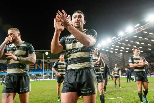Hull FC's Jake Connor thanks the fans after victory over Leeds. Picture: Allan McKenzie/SWpix.com