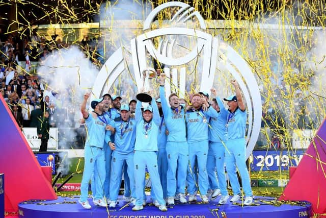 England celebrate lifting the Cricket World Cup trophy after beating New Zealand at Lord's. Picture: Clive Mason/Getty Images