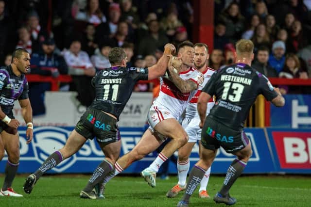 Hull KR's Shaun Kenny-Dowall on the move against Wakefield Trinity on Friday night.  Picture: Bruce Rollinson