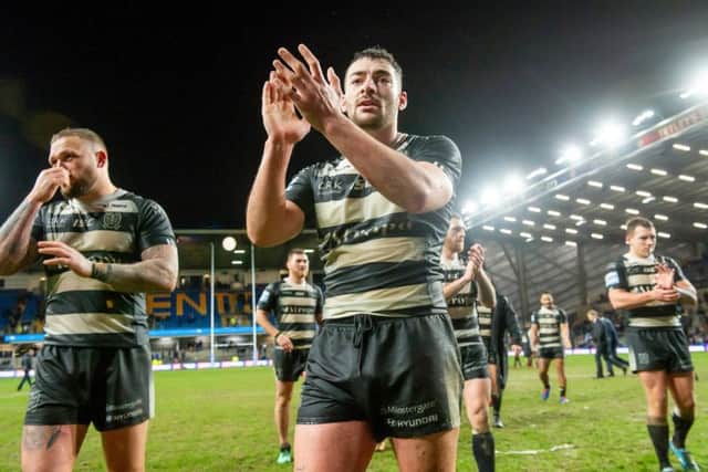 Hull FC's Jake Connor thanks the fans after victory over Leeds. Picture: Allan McKenzie/SWpix.com