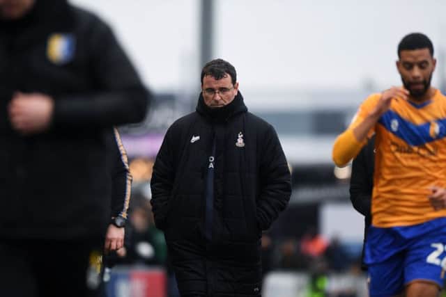 GONE: Former Bradford City manager Gary Bowyer, pictured during the 3-0 defeat at Mansfield Town 10 days ago. Picture: Jonathan Gawthorpe