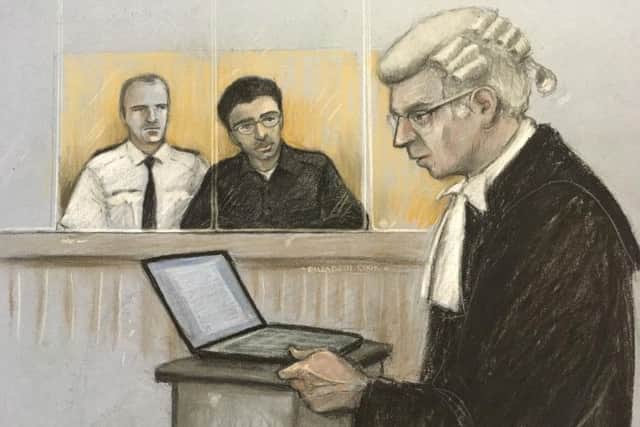 Duncan Penny QC on his feet as Hashem Abedi, younger brother of the Manchester Arena bomber, sits in the dock at the Old Bailey. Picture: Elizabeth Cook/PA Wire
