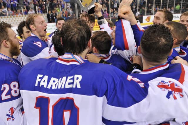 GB's players celebrating winning gold in Belfast in 2017, earning promotion to the second tier. Picture: Dean Woolley.