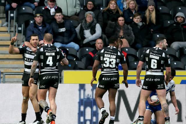 Hull FC's Carlos Tuimavave celebrates during the Betfred Super League match at the KCOM Stadium, Hull. (Richard Sellers/PA Wire)