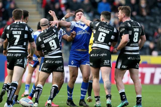 Players clash as the Betfred Super League match between Hull FC and St Helens boils over at the KCOM Stadium (Richard Sellers/PA Wire)
