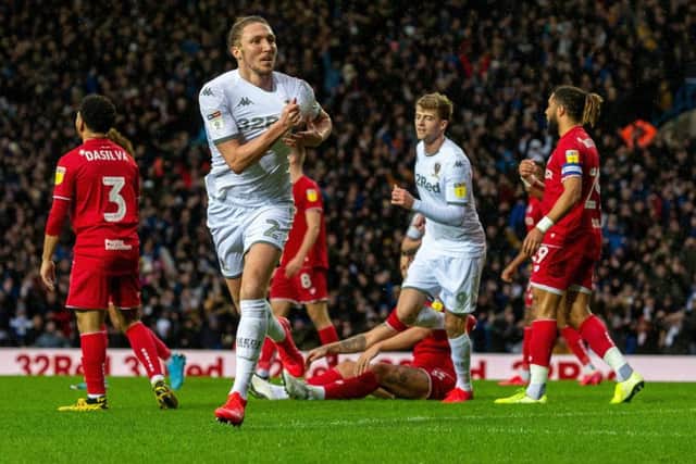 Luke Ayling celebrates his opening goal for Leeds United against Bristol City. (Picture: Bruce Rollinson)