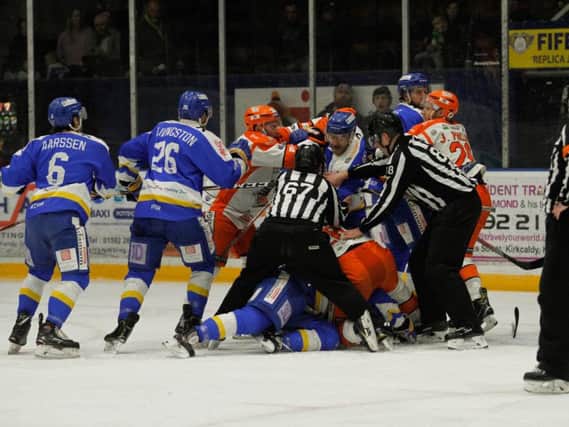 TOUGH GOING: Sheffield Steelers' players clash with their opponents, Fife Flyers, during a frustrating night in Kirkclady. Picture courtesy of Jillian McFarlane/EIHL.