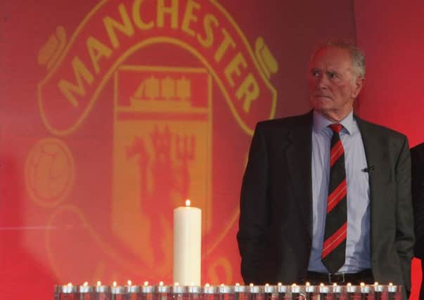 Harry Gregg  speaks during a memorial service to mark the 50th anniversary of the Munich Air Disaster. Photo by John Peters/Manchester United via Getty Images