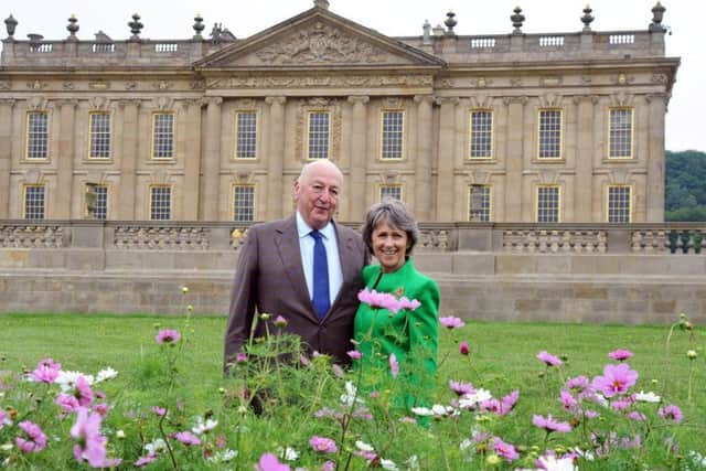 The Duke and Duchess of Devonshire in front of Chatsworth House.