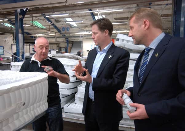 Nick Clegg with side stitcher Andrew Davis and Simon Spinks, MD of Harrison Spinks