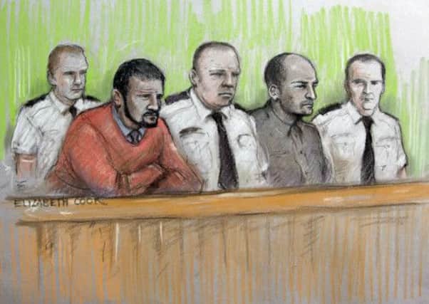 Court artist sketch of Jason Richards (left) and Ben Hope in the dock at Swansea Crown Court. Below: Miriam (left), Umbareen (centre) and  Nishat Siddiqi (Right) , arriving at court
