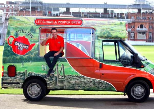 Cricketer Michael Vaughan at Lord's in London onboard Yorkshire Tea's 'Little Urn' tea van as the tea brand announces a three-year sponsorship deal with the England Cricket team.