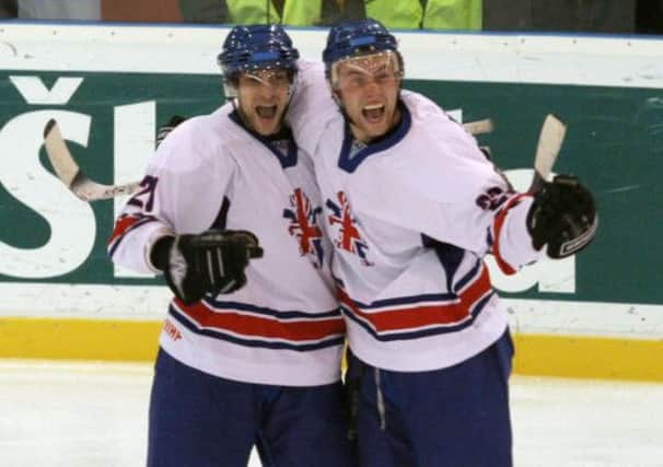 MAGIC MOMENT: Sheffield Steelers' Ashley Tait, left, celebrates with Danny Meyers after scoring the goal which secured bronze at the World Championships in Poland in 2009. GB head to Riga this week in a bid to make the 2014 Winter Olymnpics in Sochi, Russia. Picture: Diane Davey.