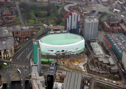 An aerial view of the new Leeds Arena and nearby car parks