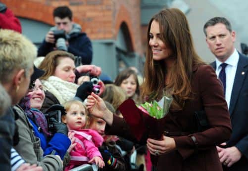 The Duchess of Cambridge greets well-wishers outside the National Fishing Heritage Centre, Grimsby.