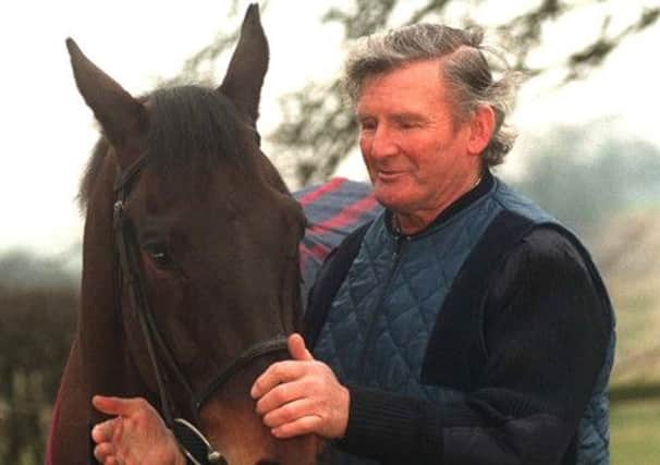 6.2.97 Racehorse Jodami, who was tipped for the Grand National, relaxes into retirement with trainer Peter Beaumont.  Photo: John Cobb