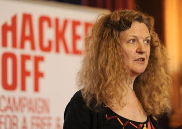 Joan Smith from the 'Hacked Off' campaign speaks to the media during a press conference held at the Institution of Civil Engineers, London.