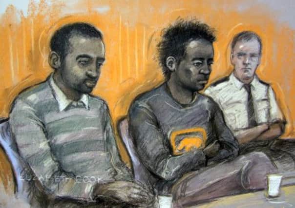 Court drawing of Kevin Liverpool (left) and Junior Bradshaw in the dock at Exeter Crown Court