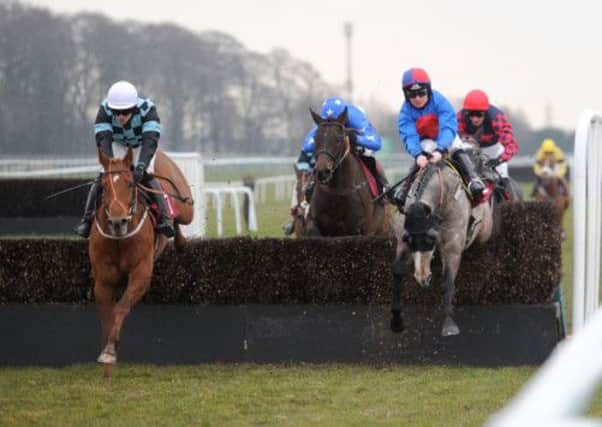 Red Inka (left) ridden by Danny Cook jumps the final fence to win the Bravo Inns "Fixed Brush" Handicap Hurdle, with White Fusion (right) during the Molson Coors Raceday at Haydock Park Racecourse, Newton-le-Willows.