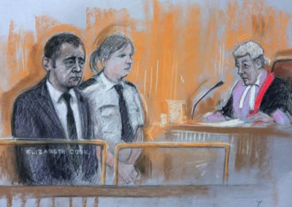 Court artist drawing of Coronation Street actor Michael Le Vell, in the dock at Manchester Crown Court.