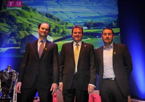 Jean-Etienne Amaury, president of Amaury Sport Organisation (ASO), owner of the Tour de France, Gary Verity, Chief Executive, Welcome to Yorkshire, and French Cyclist Thierry Gouvenou.