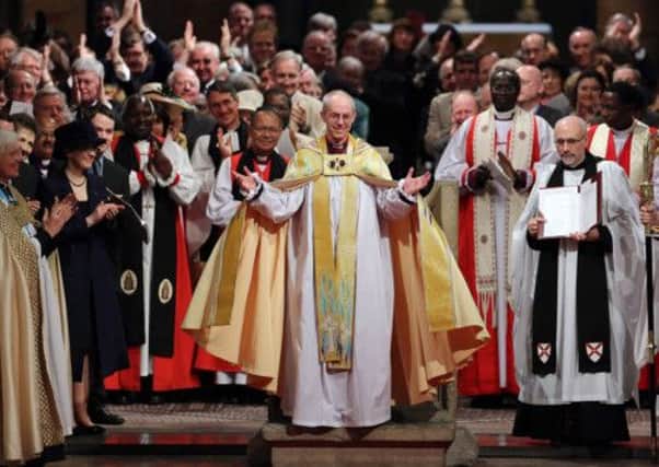 The Most Reverend Justin Welby after his was installed as the new Archbishop of Canterbury during his enthronement service at Canterbury Cathedral