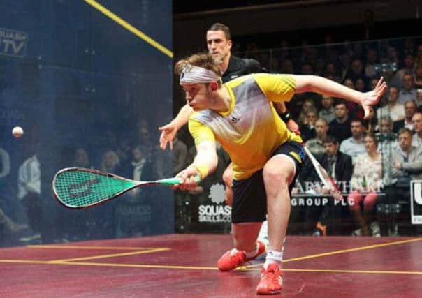 LOVING IT: James Willstrop captured a fourth Canary Wharf Classic title after defeating fellow Englishman Peter Barker. Picture: Steve Line/squashpics.com
