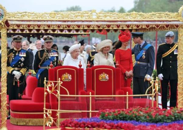 From left: The Prince of Wales, Duke of Edinburgh, The Queen, Duchess of Cornwall, Duchess of Cambridge, Duke of Cambridge and Prince Harry onboard the Spirit of Chartwell during the Diamond Jubilee Pageant