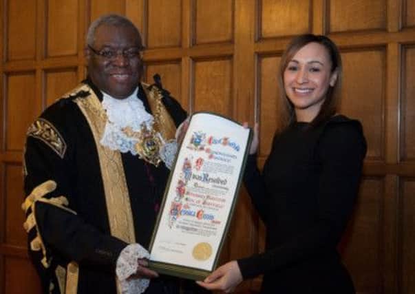 Jessica Ennis receiving the Freedom of the City of Sheffield, her home town, from the Lord mayor, Cllr John Campbell