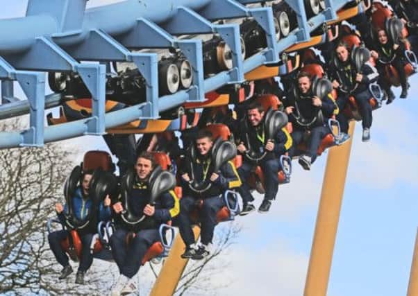 Leeds United players on a rollercoaster at Flamingo Land in Yorkshire