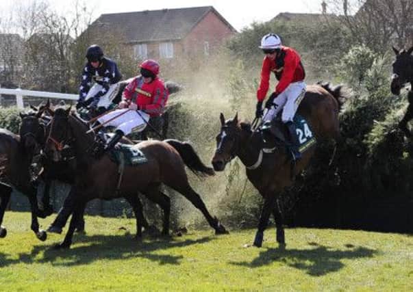 Tartan Snow and Mr Jamie Hamilton (centre) recover as they stumble at Bechers Brook