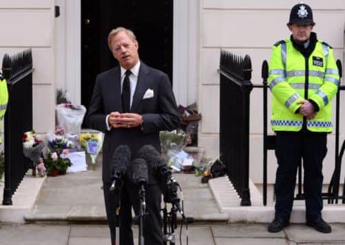 Sir Mark Thatcher speaking outside Baroness Thatcher's home in Belgravia, London.