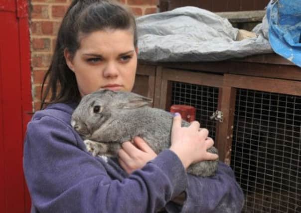 Melissa Richardson with one of her pet rabbits in the garden of the family home in York. Picture: Ross Parry Agency