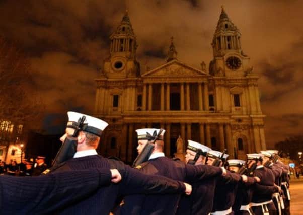 A section of the members of the Royal Navy on the approach to St Paul's Cathedral in the City of London, during a full dress rehearsal for the Funeral of Baroness Thatcher