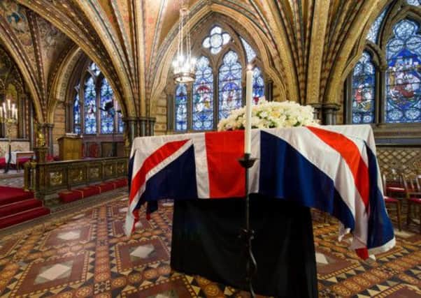 The coffin of Baroness Thatcher rests in the Crypt Chapel of St Mary Undercroft beneath the Houses of Parliament in central London. PRESS ASSOCIATION Photo.