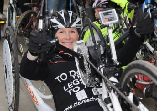Claire Lomas sets off from Nottingham Trent University on her challenge to complete the equivalent of a marathon a day on a hand bike