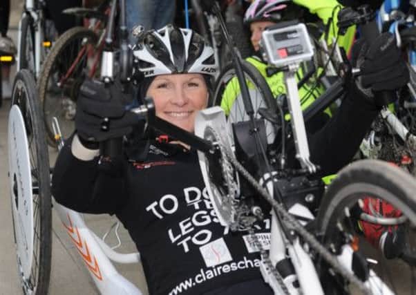 Claire Lomas sets off from Nottingham Trent University on her challenge to complete the equivalent of a marathon a day on a hand bike