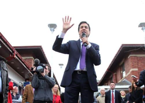 Labour leader Ed Miliband giving a speech in Chorley, Lancashire