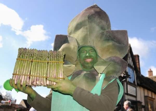 Gus the Asparagus man holds the world's largest round of asparagus as he celebrates the launch of British asparagus season.