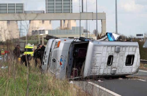 The scene of a road traffic accident on the westbound carriage of the M62 near Pontefract in West Yorkshire between a lorry and a mini bus carrying around 20 women.