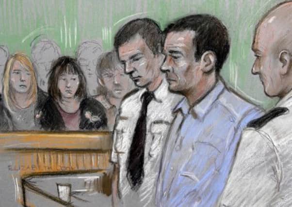 Artist drawing of Mark Bridger in the dock at Mold Crown Court. PIC: Elizabeth Cook/PA