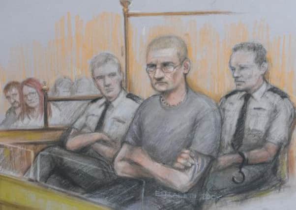 Court sketch by Elizabeth Cook of Stuart Hazell in the dock at the Old Bailey