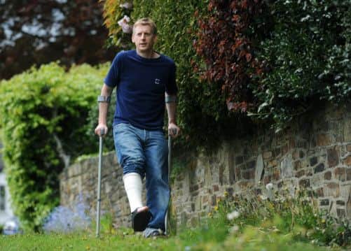 Runner Mark Rushworth from Bingley who completed the Jane Tomlinson Leeds Half Marathon with a broken leg.