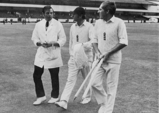Dickie Bird, Geoff Boycott and Ray Illingworth leave the Headingley square after England's 1973 victory over New Zealand.