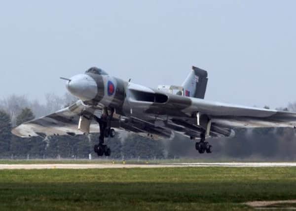 The last Vulcan bomber arriving at at Robin Hood Airport in Doncaster