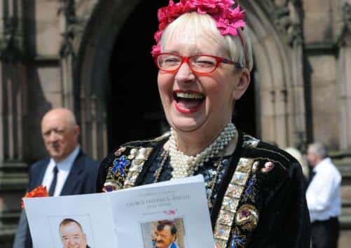 Actress Su Pollard outside Rotherham Minster after the funeral service of actor Paul Shane.