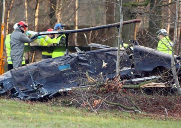 The wreckage of the Gazelle helicopter which crashed in the grounds of Rudding Park Hotel, Harrogate, in January 2008