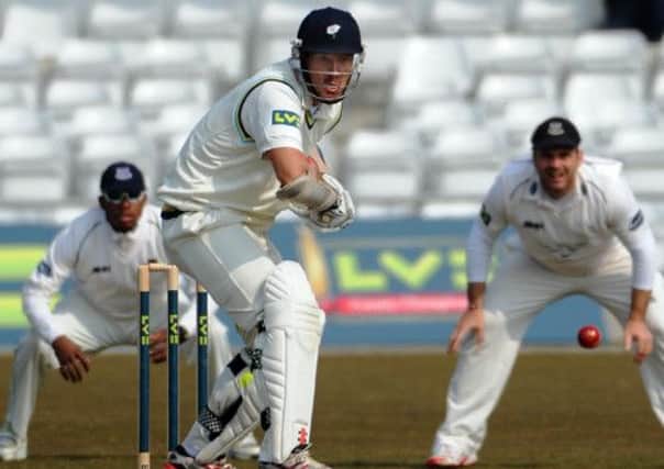 Yorkshire's Phil Jaques keeps his eye on this delivery from Sussex James Anyon