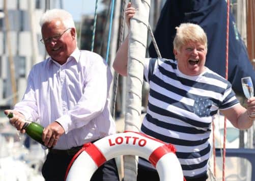 Cathy and Richard Brown, from Ipswich, celebrate winning  £6,123,395 lotto jackpot aboard their boat BRAVE moored in Ipswich Marina, in Suffolk.